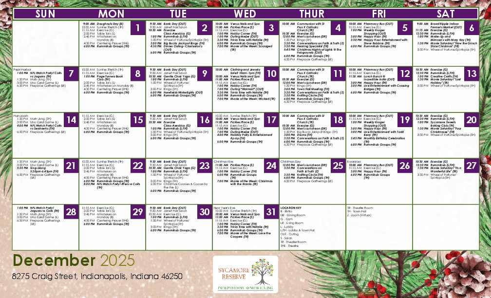 Sycamore Reserve Senior Living Activities Calendar